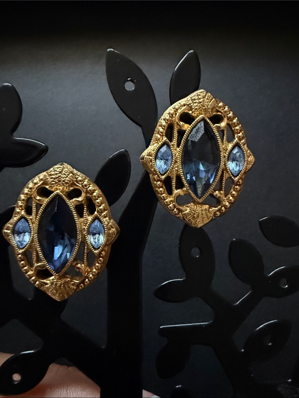 Gold Filigree Earrings with Blue Gem Accents